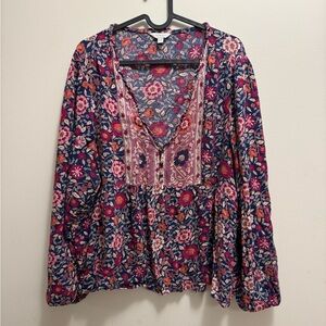 Lucky Brand Floral Long Sleeve V Neck Top Size XL